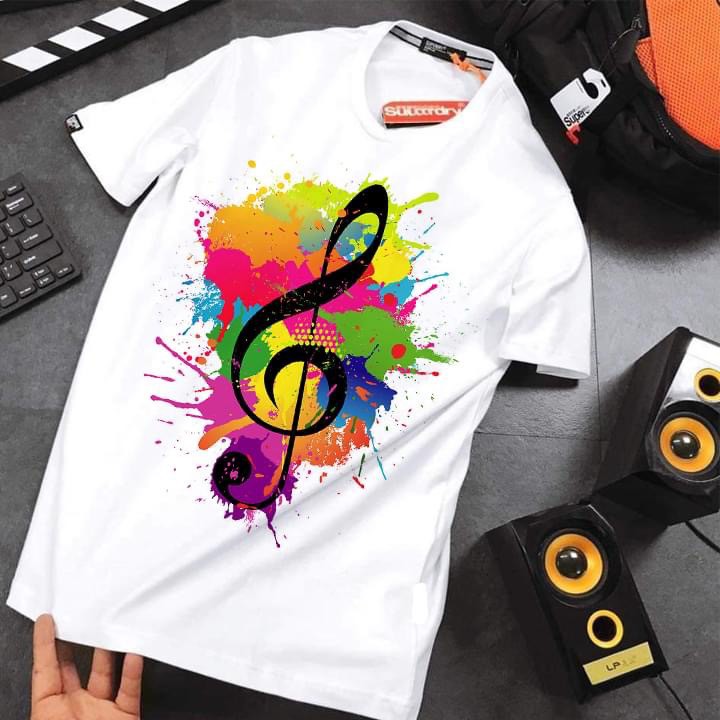 Áo thun unisex mẫu nam nữ mặc đều được in hình nốt nhạc 7 màu siêu xinh AT203