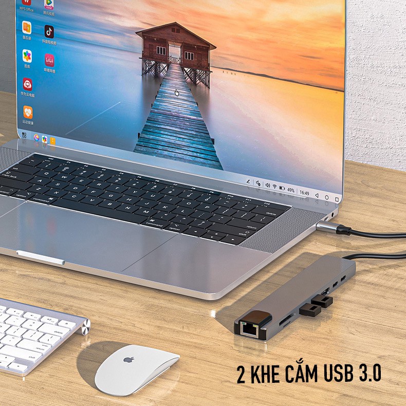 Hub type C USB 8 in 1 đa năng hỗ trợ SD, TF, 4K,HDMI,LAN, USB 3.0 cho MacBook, laptop - K 1324