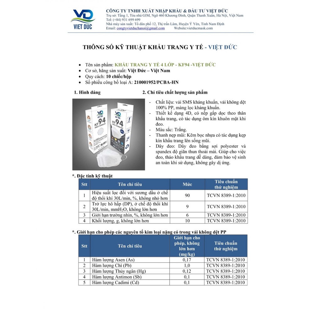 HỘP 10 CHIẾC Khẩu trang y tế KF94 Việt Đức