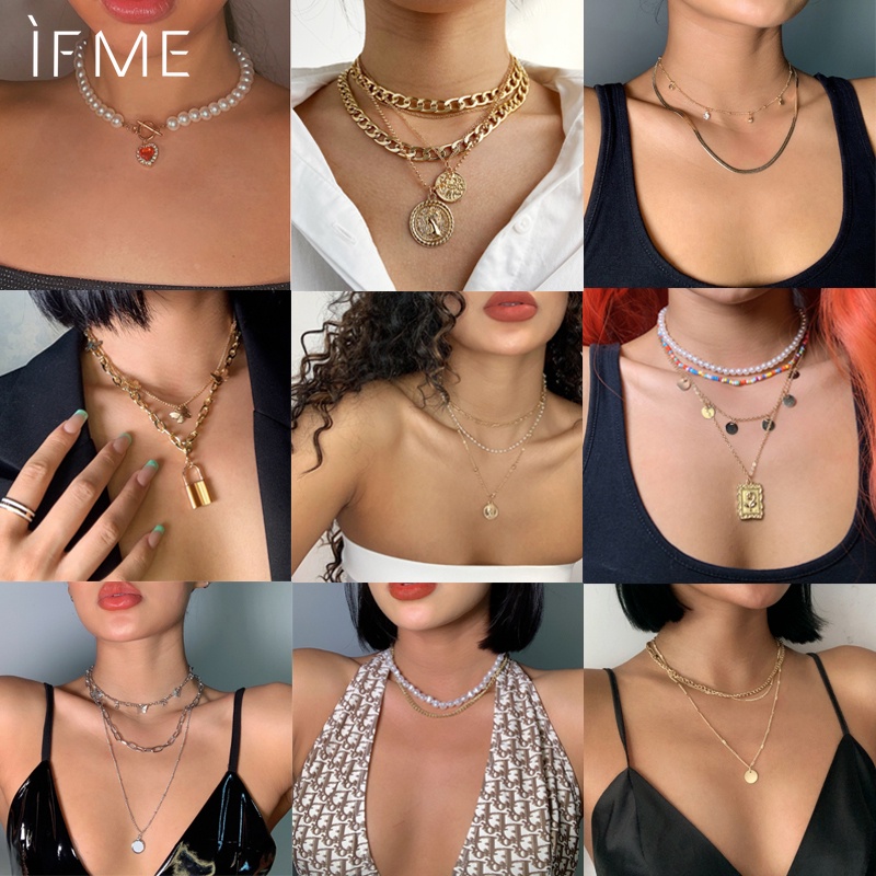 IF ME Dây chuyền nhiều lớp phối mặt hình bướm ngọc trai thời trang cho nữ