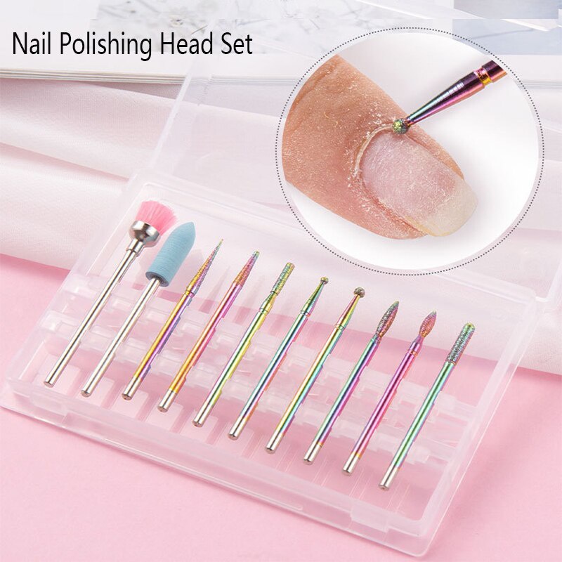 đầu mài khóe da Set 10 mũi mài móng loại bỏ biểu bì và sơn gel UV acrylic cho máy mài điện kèm hộp đựng