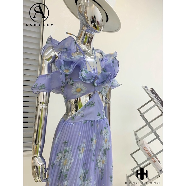 Đầm  váy maxi ASHYLEY thiết kế (HÀNG SẴN) trễ vai dập ly hoạ tiết cut eo tôn dáng Aimee closet