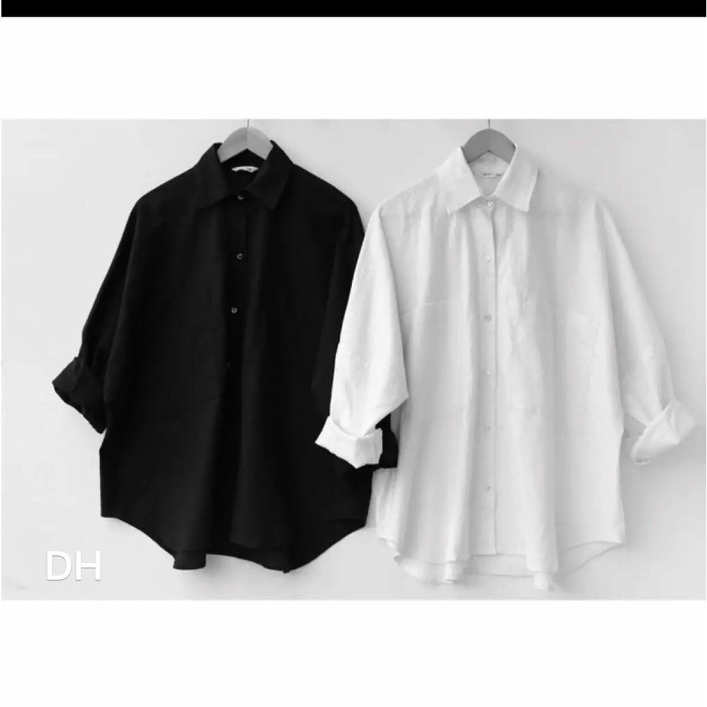 Sơ mi nữ trơn cổ bẻ dài tay đi học form dáng rộng dài Basic màu đen trắng | BigBuy360 - bigbuy360.vn