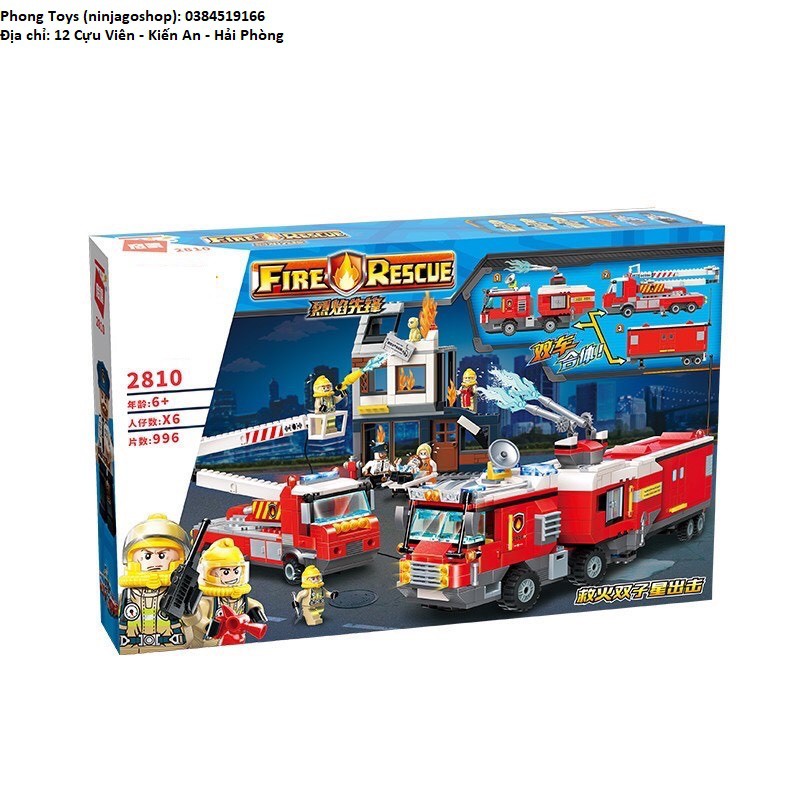 Lắp ráp xếp hình lego QMAN 2810 chính hãng 996 PCS: Bộ lính cứu hỏa và ô tô đang chữa cháy