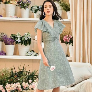 Váy chấm bi xanh cổ V áo cánh tiên xinh xắn HH