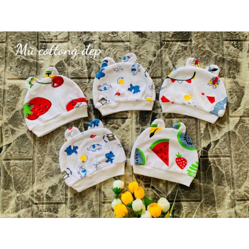 Mũ tròn sơ sinh cotton co giãn, thấm hút mồ hôi