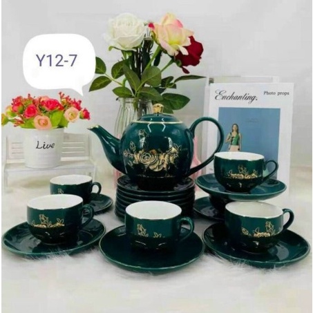 Bộ Ấm Chén Sứ,Bộ Tách Pha Trà Cà Phê Cao Cấp Màu Xanh Cổ Vịt Họa Tiết Hoa Sen Sang Trọng