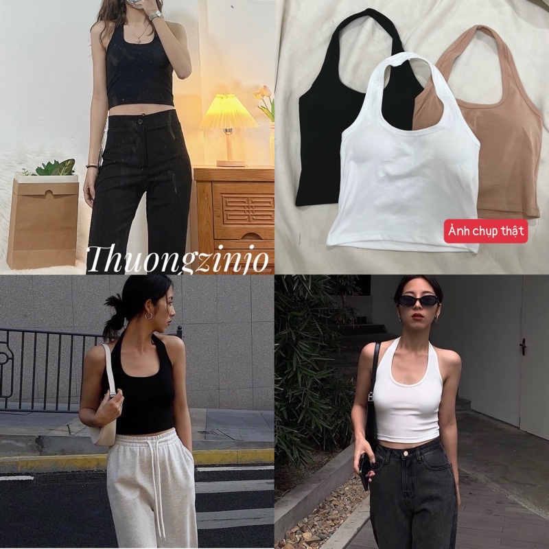 [Ảnh thật/Video]Áo croptop dây cổ yếm thể thao Áo Croptop hai dây hở lưng sang chảnh