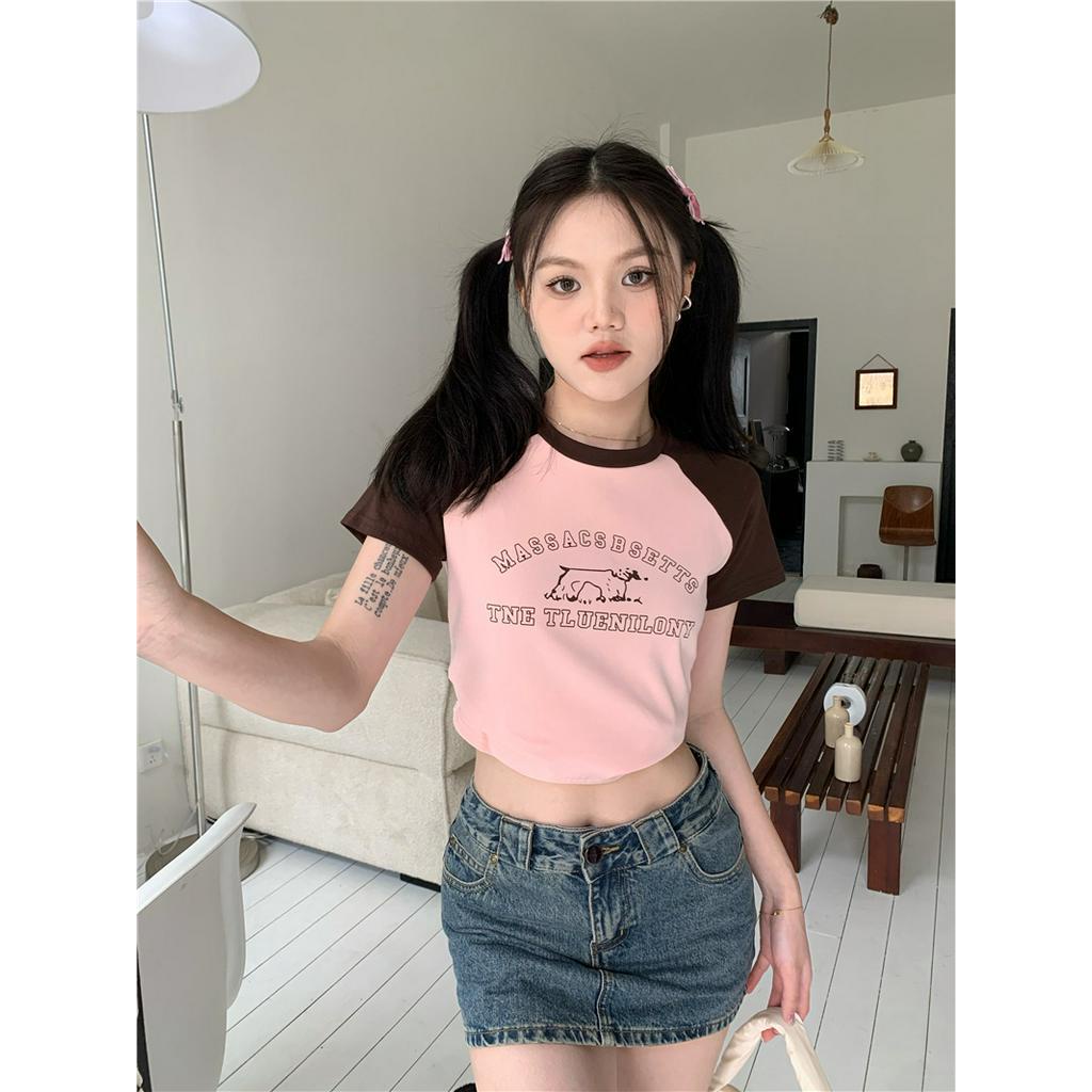 Áo Thun Ngắn Tay Ôm Dáng Màu Sắc Tương Phản Phong Cách Retro 61029