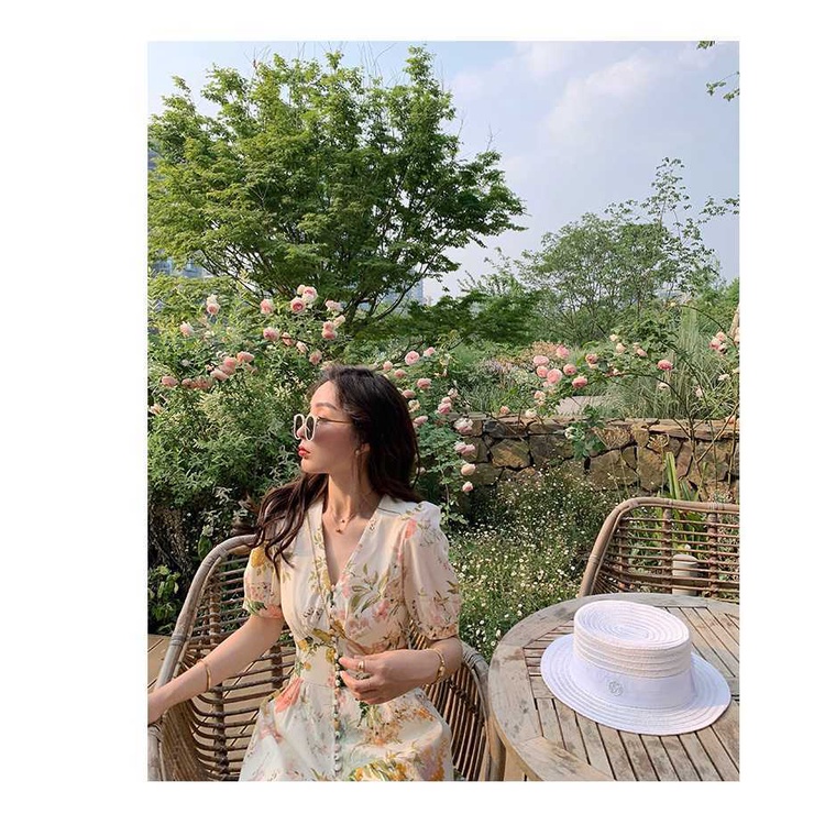 Áo liền quần tay phồng cổ chữ V in hoa thời trang Pháp | BigBuy360 - bigbuy360.vn