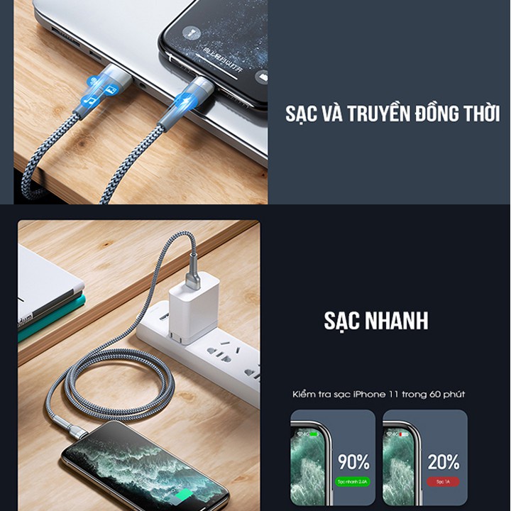 CHÍNH HÃNG Dây cáp iP CHỐNG GÃY ĐỨT Sạc Nhanh 2.4A Chống Gãy 1M 7 8 X Xs MAX 11 12 13 14  củ 18W