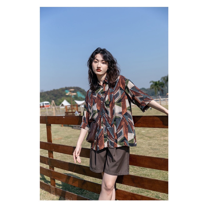 Áo Sơ Mi Tay Ngắn Dáng Rộng In Họa Tiết Thắt Cà Vạt Phong Cách Hàn Quốc Thời Trang Mùa Hè Mới Cho Nữ