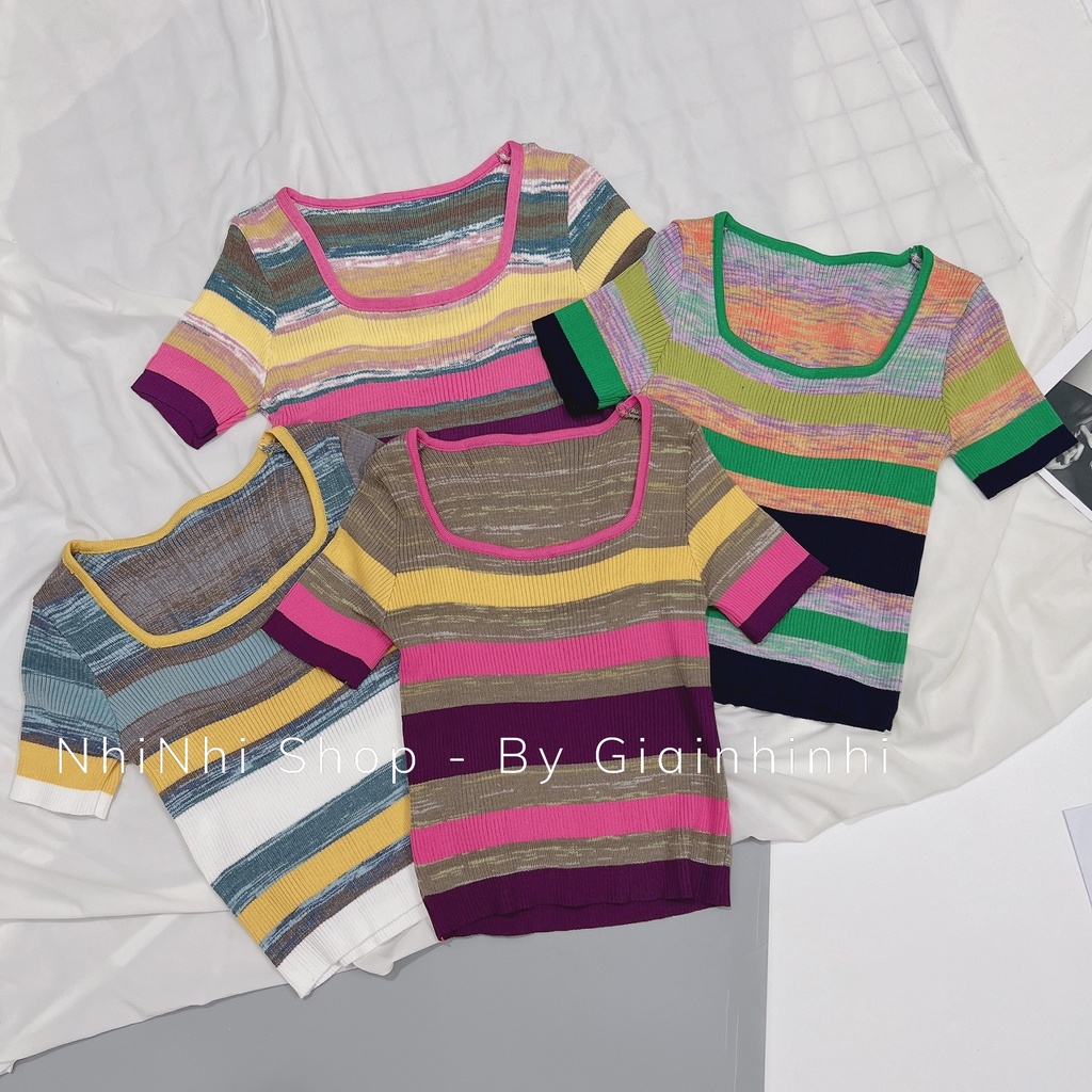 Áo len mỏng tay cộc kẻ ngang cổ vuông phối màu, Áo kiểu cổ U co giãn AL8828 - NhiNhi Shop