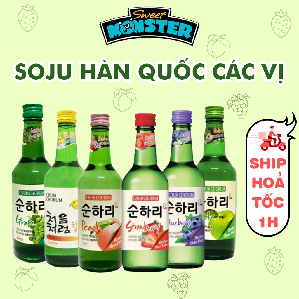 Soju Chum Churum các vị dâu đào táo nho, nước trái cây sochu Hàn Quốc chai 360ml