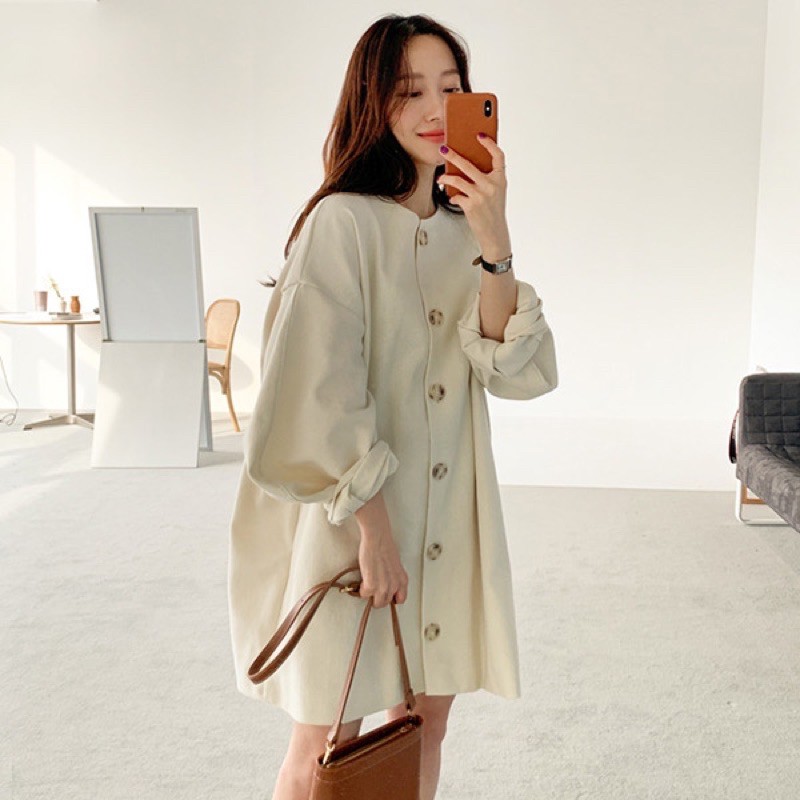 [CÓ SẴN] ĐẦM KAKI DÁNG SUÔNG PHOM RỘNG PHỐI NÚT MÀU NÂU PHONG CÁCH HÀN QUỐC