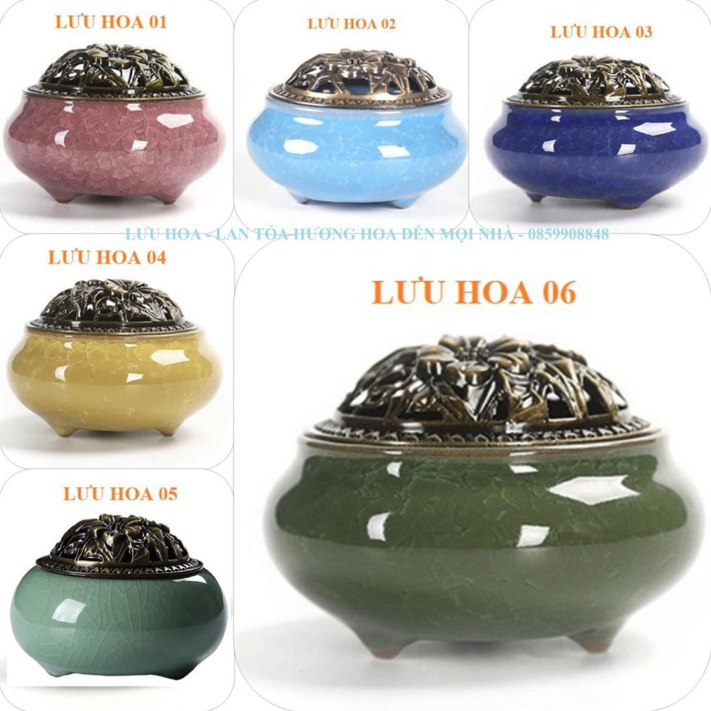Lư xông trầm hương đỉnh đốt nhang men rạn ngọc cao cấp có khay đốt trầm bằng kim loại siêu đẹp - Mẫu Lưu Hoa 11 .