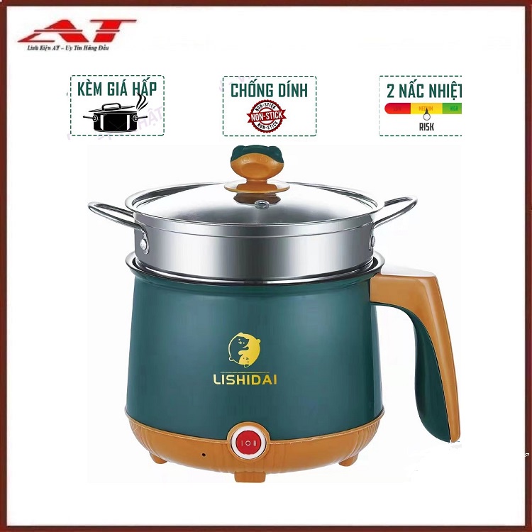 (XANH RÊU VĨ NHÔM)- Nồi điện mini 2 tầng đa năng SHANBAN tặng kèm khay hấp - Nồi lẩu chống dính 1,8 lít cho 1-2 người ăn