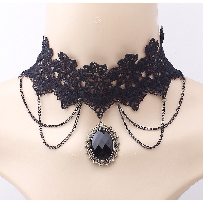 Vòng cổ nữ choker ren đen treo mặt gương huyền bí