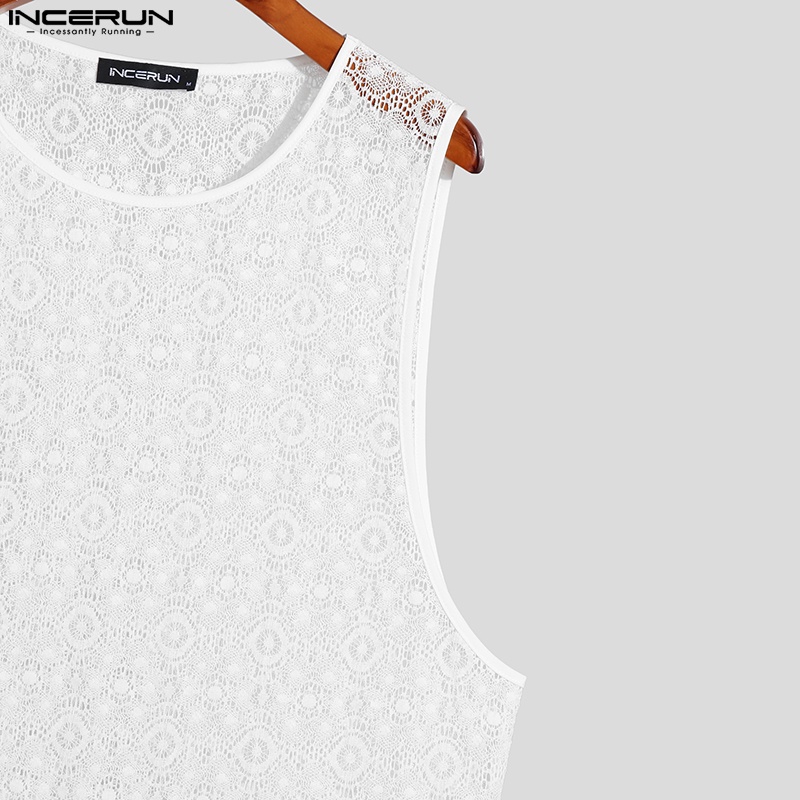 INCERUN Áo Thun Ba Lỗ Màu Trắng Phối Ren Thời Trang Cho Nam