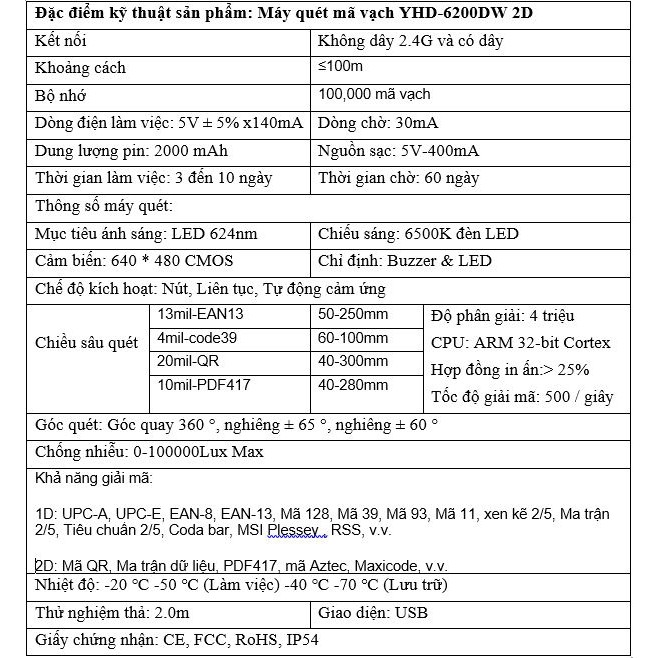 Máy quét mã vạch không dây YHD 6200DW 2D, Súng bắn mã vạch Barcode(1D) Qrcode(2D), Máy đọc mã vạch dùng trên Laptop, PC