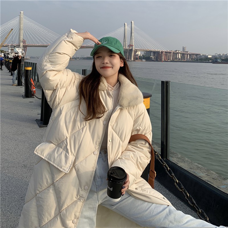 áo khoác phao dáng dài cổ lông ấm form Hàn Quốc