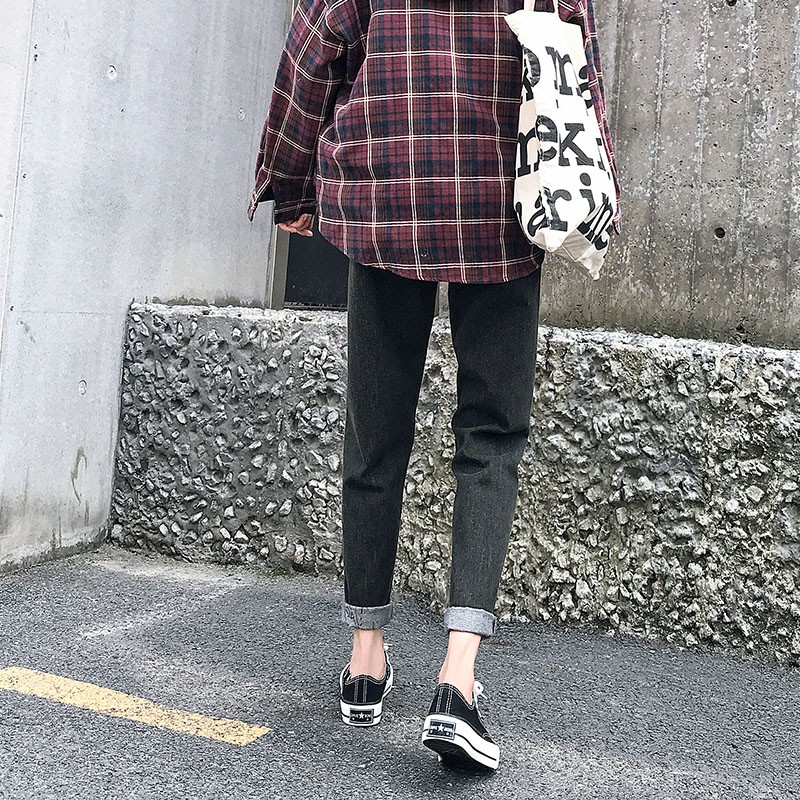Quần baggy jean trơn cạp cao màu xám khói chất dày dặn phong cách ulzzang cao cấp