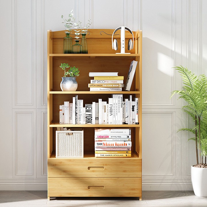 Kệ sách gỗ tre đơn giản hiện đại 4 tầng 2 ngăn kéo - Tủ để đồ sách báo trang trí phòng khách và decor phòng ngủ đẹp