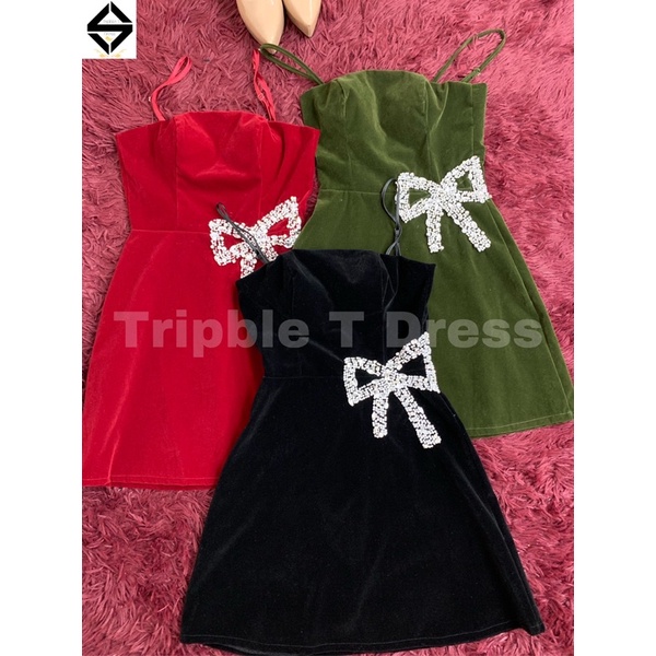 Đầm body nhung 2 dây nơ eo cườm TRIPBLE T DRESS - size S/M/L - MS215Y