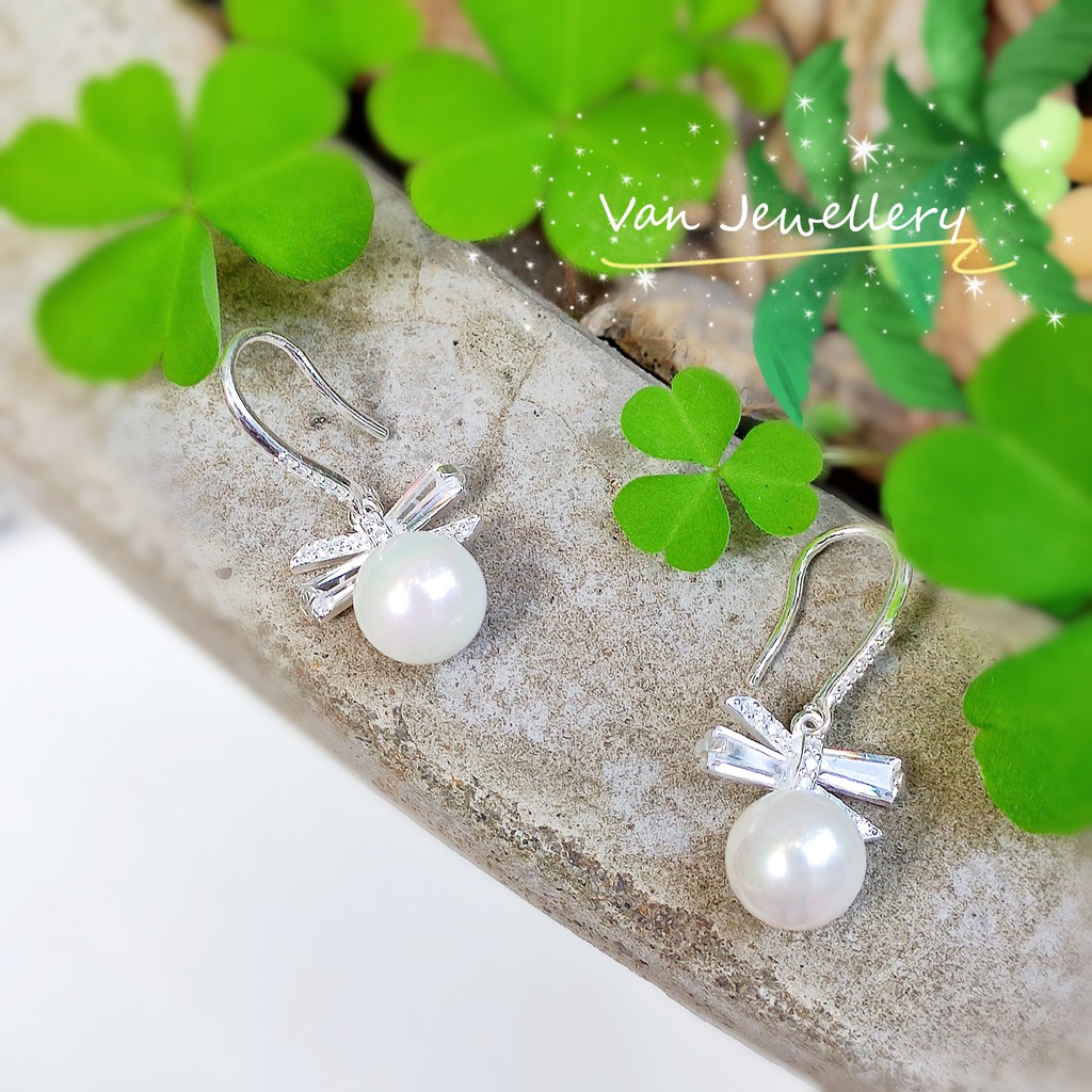 Bông tai bạc ta 925 Bông Nơ đính đá mix Ngọc Trai nhân tạo Van Jewelry V10393