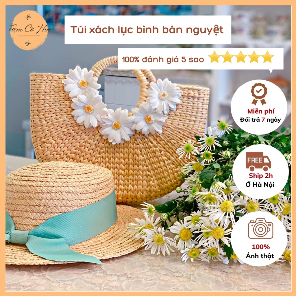 Túi cói xách tay lục bình bán nguyệt vintage thích hợp du lịch, chụp ảnh đi biển ship 1h đóng thùng không lo hư hỏng