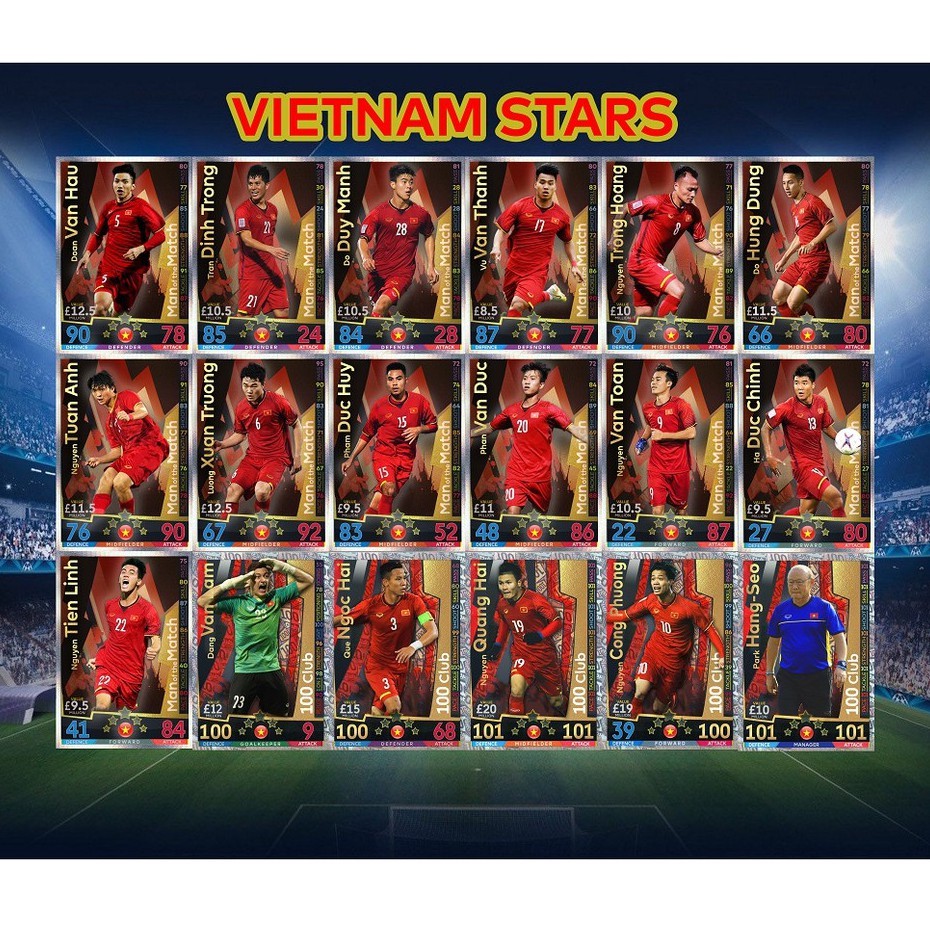 Set 45 thẻ in Match Attax Việt Nam Stars - Những Chiến Binh Sao Vàng