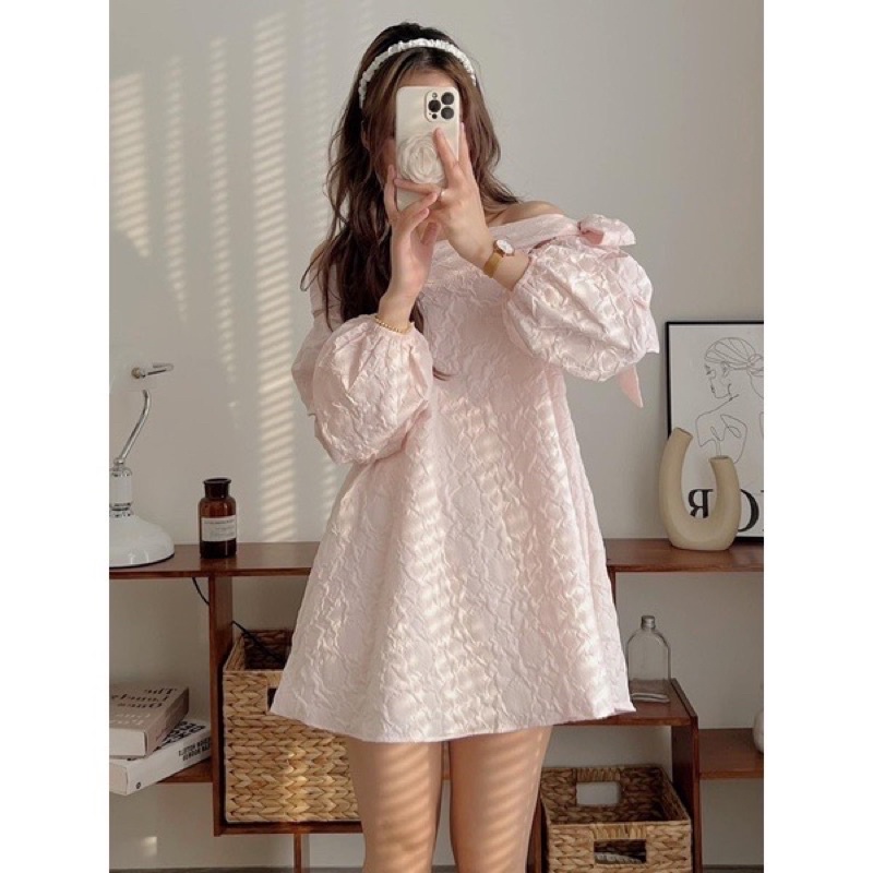 Áo gấm dài tay trễ vai buộc nơ cách điệu hàng QC loại 1- Áo trễ vai mùa thu xinh xắn