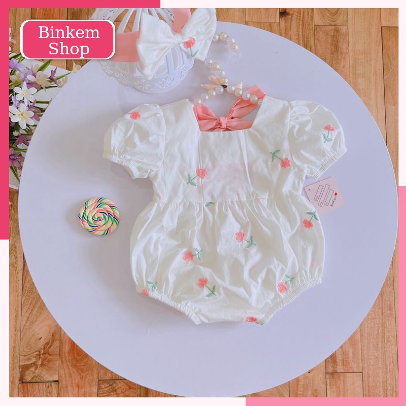 Body Bé Gái. Set Body Tặng Kèm Turban Trắng Thiêu Hoa Cho Bé