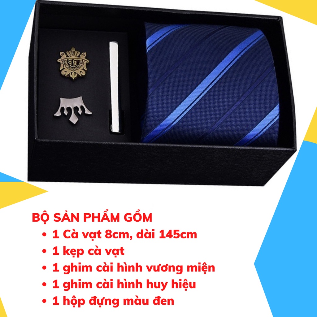 Set cà vạt bản to 8cm làm quà tặng cho Nam gồm cà vạt, kẹp cà vạt, ghim cài áo đóng hộp lịch sự CCV-27