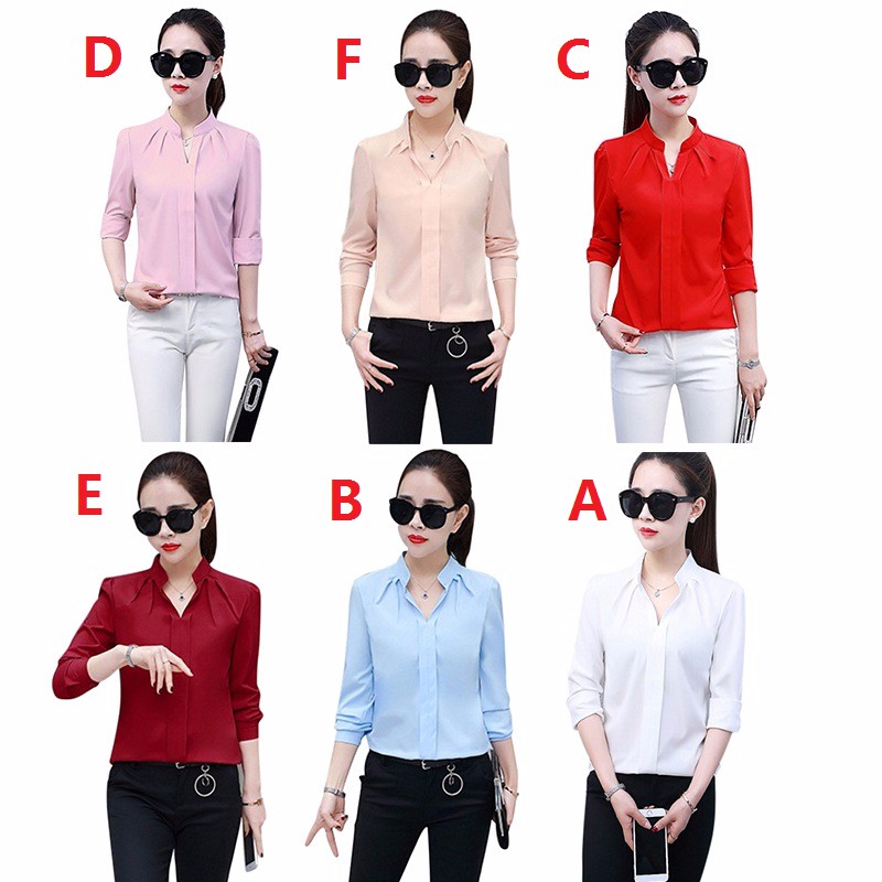 Áo sơ mi voan tay dài cổ V thanh lịch cho nữ
