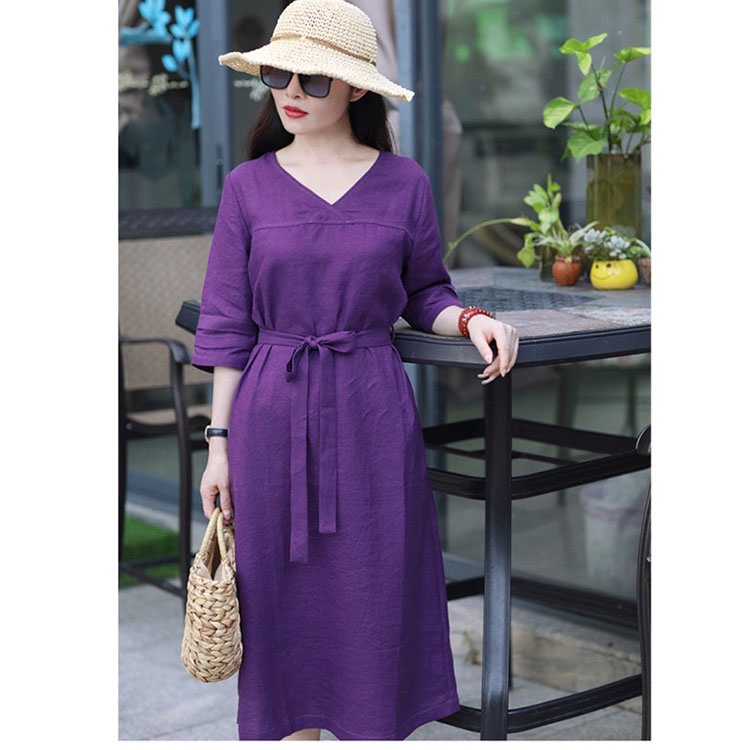 Đầm suông linen cổ tim tay lỡ, chất vải linen mềm mát, thời trang xuân hè 2021