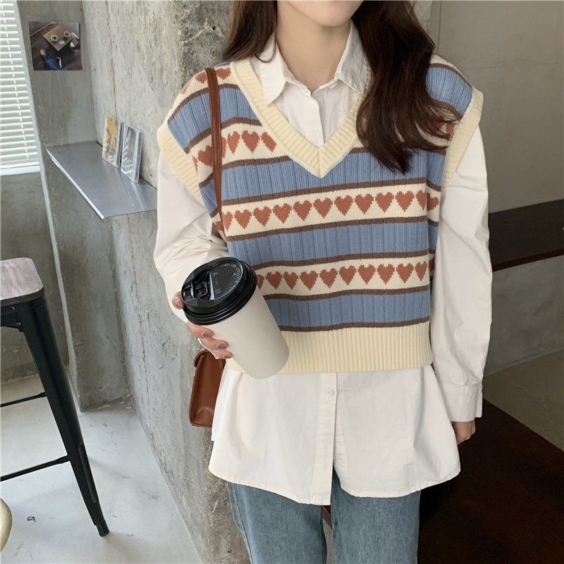 Áo Gile New College Knitted Vest Women's Korean Versatile Loose V-neck Love Vest