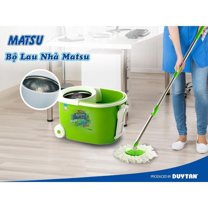 Bộ lau nhà Matsu 11 lít Duy Tân có bánh xe, mâm inox