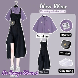 (Có sẵn) Set nữ thời trang gồm áo sơ mi tím dáng ngắn + váy yếm hai dây đen vạt chéo phong cách girl crush (ảnh thật)