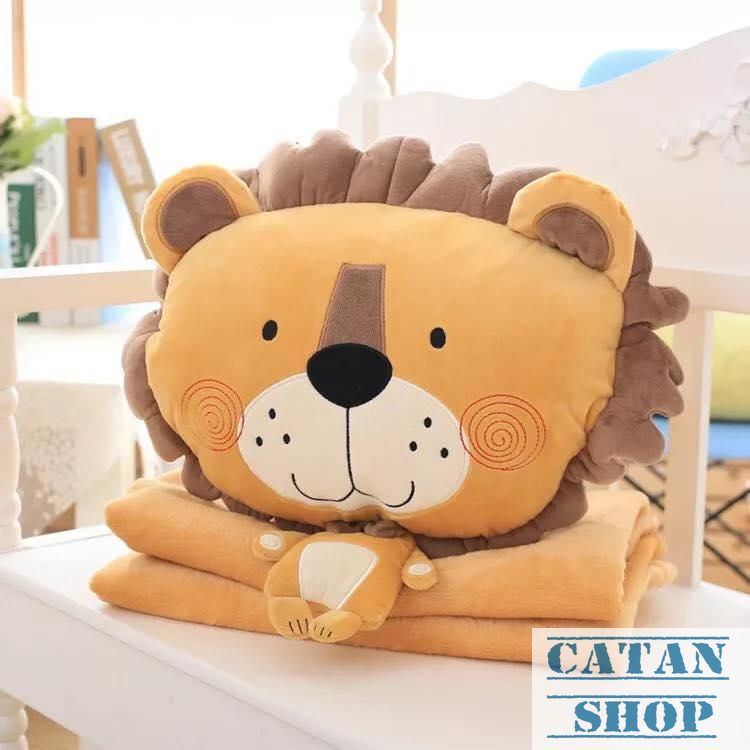 Gối mền sư tử siêu cute 3 trong 1, nỉ nhung cực mịn, bộ chăn gối văn phòng