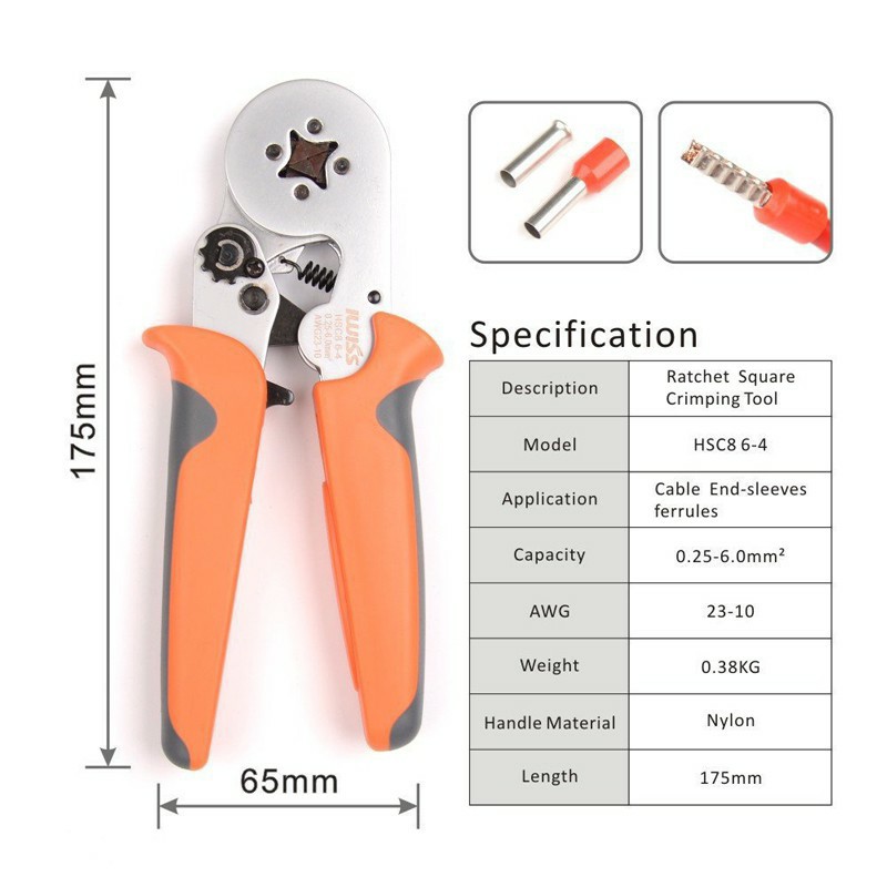 Kìm bấm cos vuông IWISS HSC8 6-4 tự điều chỉnh cos ống tròn cos pin hàng chính hãng, bấm các đầu ống tròn đầu cos pin