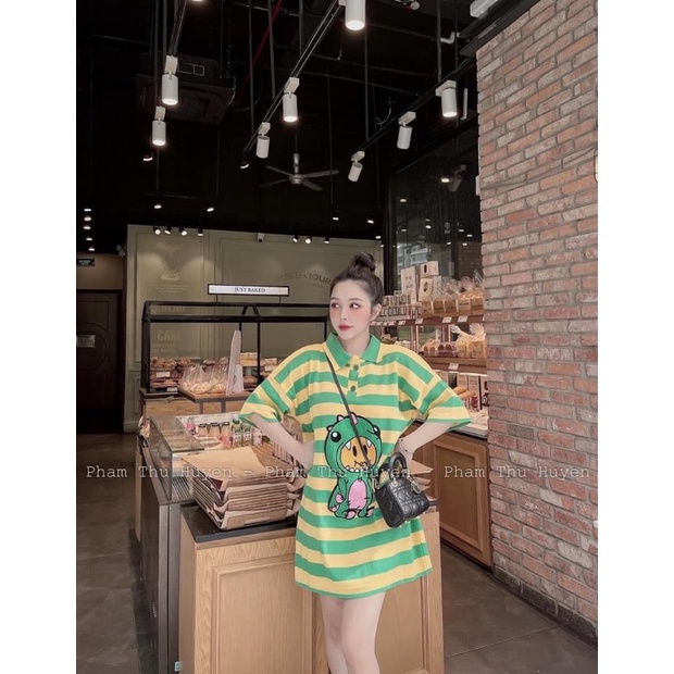 Đầm len kẻ cổ Polo, Váy len kẻ khủng Long  xanh