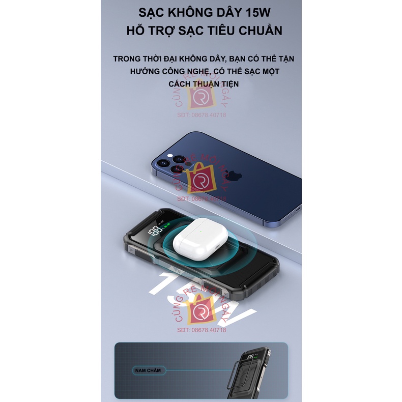 Pin Sạc Dự Phòng Không Dây 30.000mAh - Sạc Siêu Nhanh 22.5W - Sạc Không Dây 15W - Kèm 4 Dây Cáp