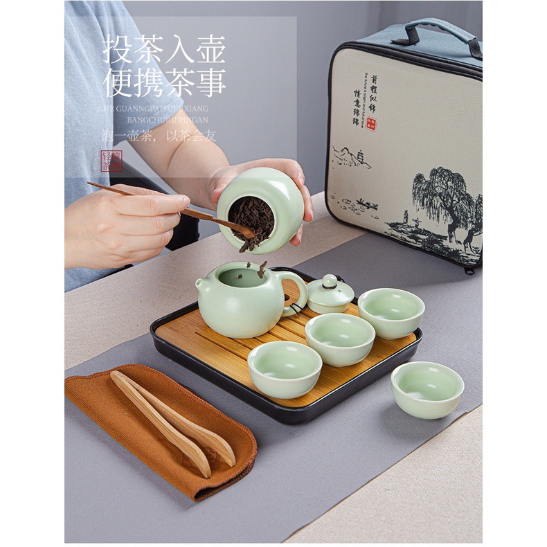 Bộ ấm chén pha trà du lịch bằng sứ cao cấp bộ tách pha trà tử sa có túi xách kèm khay trà và gắp chén tre khăn lau