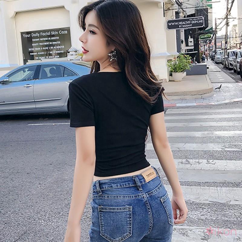 Áo thun gân croptop tay ngắn cổ V quyến rũ cho nữ