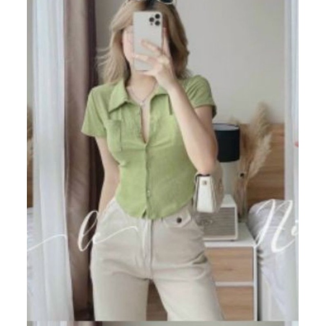 Áo sơ mi cổ bẻ tay ngắn phối 2 túi vải THUN Co giãn A15