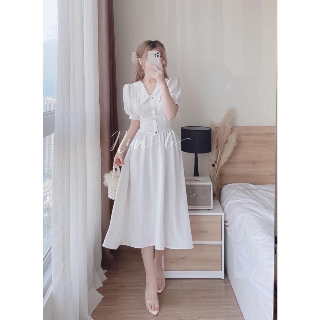 Đầm Váy Nữ Xoè Cổ Bẻ Viền Nút Tay Phồng Tiểu Thư
