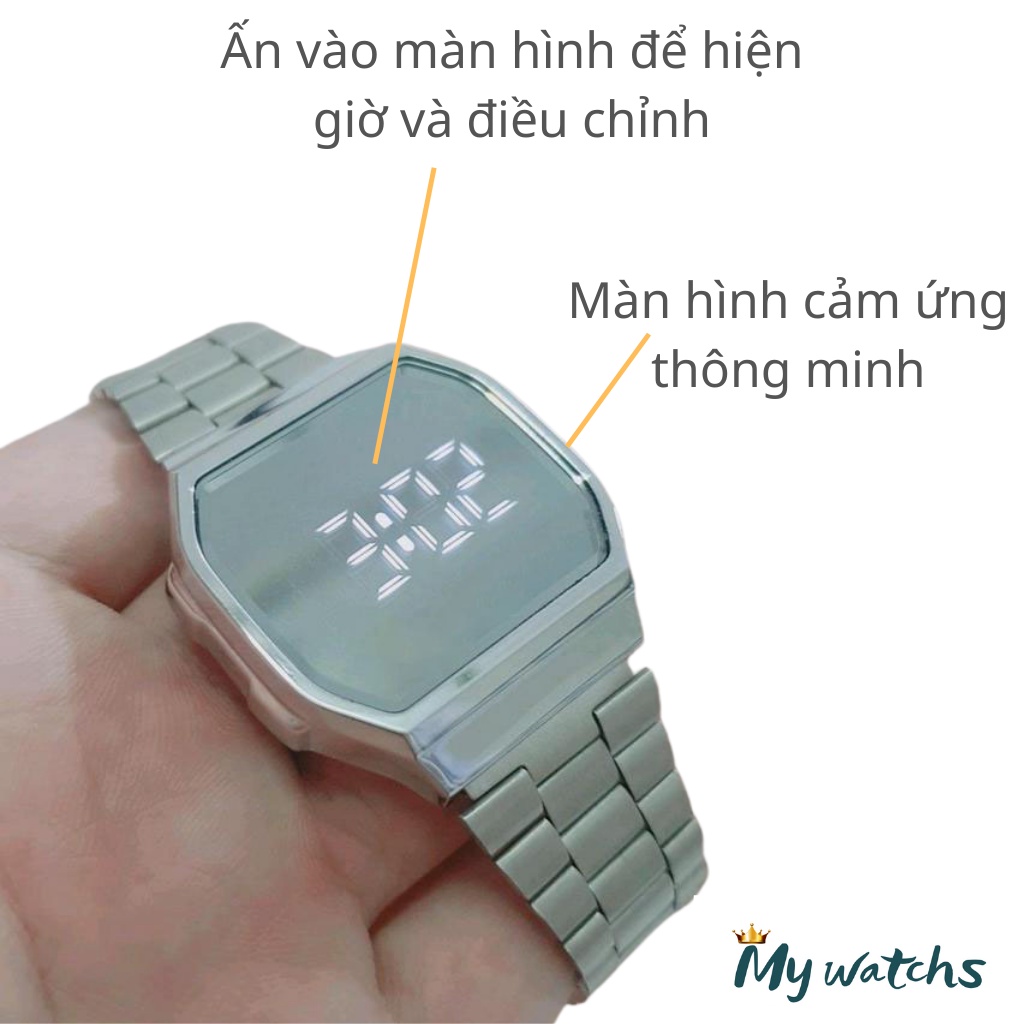 Đồng hồ nam, nữ điện tử tráng gương cảm ứng mặt vuông cao cấp Mywatchs, đồng hồ unisex dây thép tùy chỉnh to nhỏ cổ tay