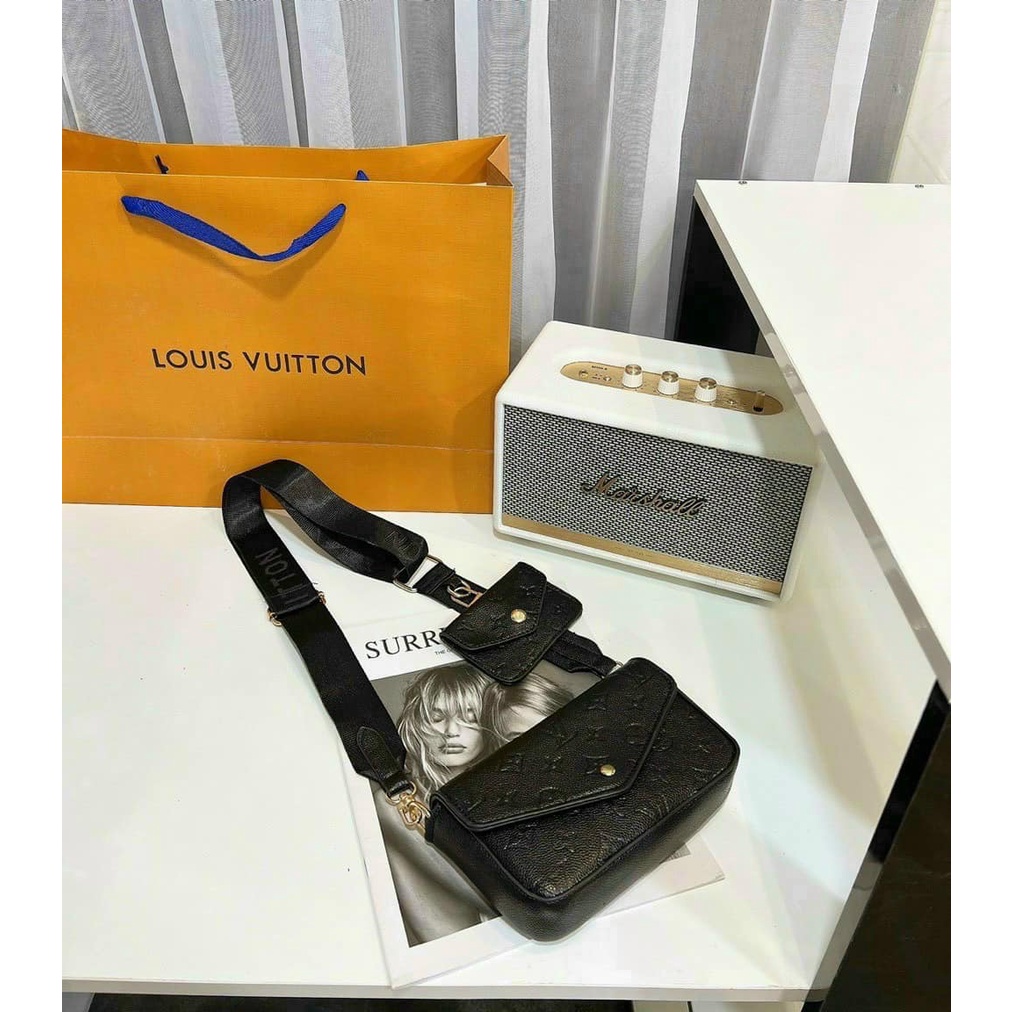 Túi xách nữ Set 2 món Lv đen dập logo 2 in 1 dây dù đeo chéo thời trang