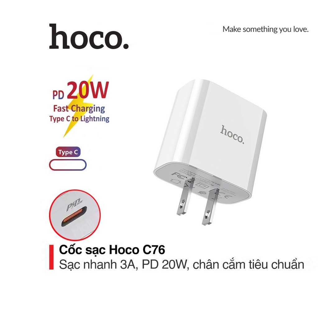 Củ sạc nhanh 3A Hoco C76 PD20W chuôi dẹt chất liệu cao cấp chống cháy cho Smartphone